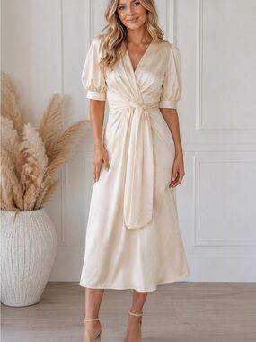 Entro Champagne Satin Twist Front Midi Dress Size Medium NWT